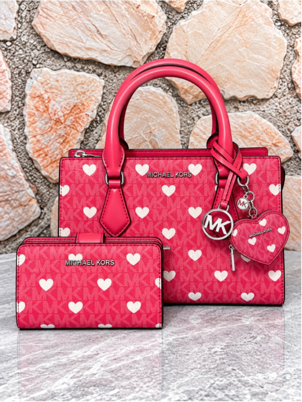 Michael Kors Sheila Small Pink Heart-Print Satchel+ Wallet & Coin Pouch Hibiscus